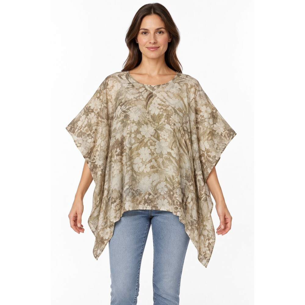 JM Collection Floral Poncho Top Blouse Tie Neck Beige Tan Size L